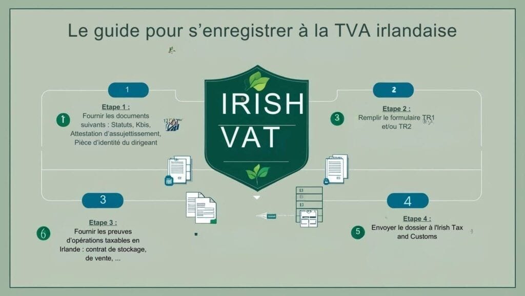 Infographie des quatre étapes de l'enregistrement à la TVA irlandaise : réunir les documents de la société (statuts, Kbis, attestation d'assujettissement, pièce d'identité du dirigeant), remplir le formulaire TR1 ou TR2, fournir les preuves d'opérations taxables en Irlande, puis envoyer le dossier à l'Irish Tax and Customs.