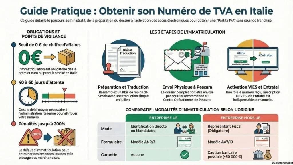 Infographie récapitulative de l'immatriculation à la TVA en Italie : obligation dès le premier euro de chiffre d'affaires, délai de 40 à 60 jours, pénalités jusqu'à 200 %, les trois étapes de la demande et les différences de procédure entre entreprises de l'Union européenne et hors UE.