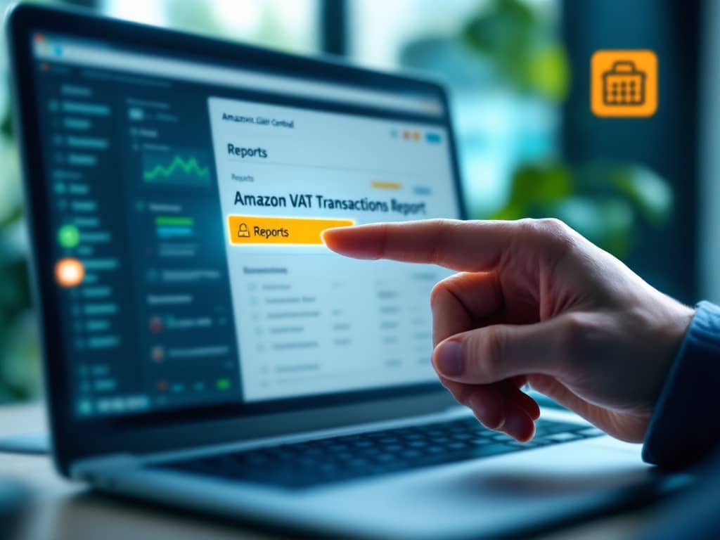 Écran de Seller Central ouvert sur le menu Rapports, où se télécharge le rapport des transactions de TVA d'Amazon.