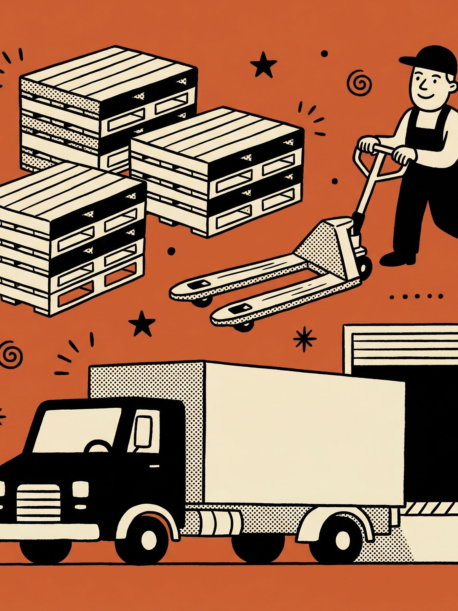 Illustration folk : entrepôt, palettes et camion — Intrastat Belgique