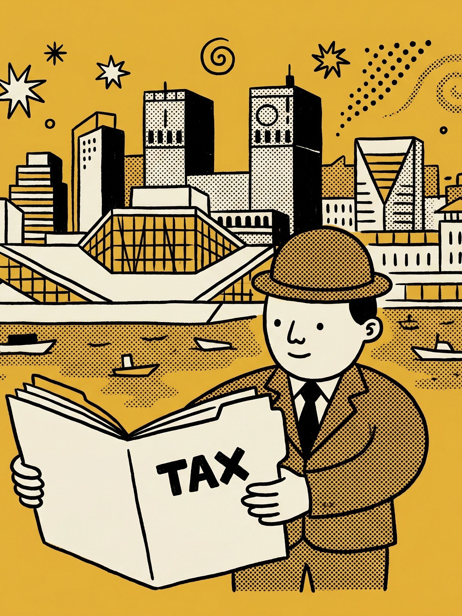 Illustration folk : skyline d'Oslo et dossier fiscal — TVA en Norvège