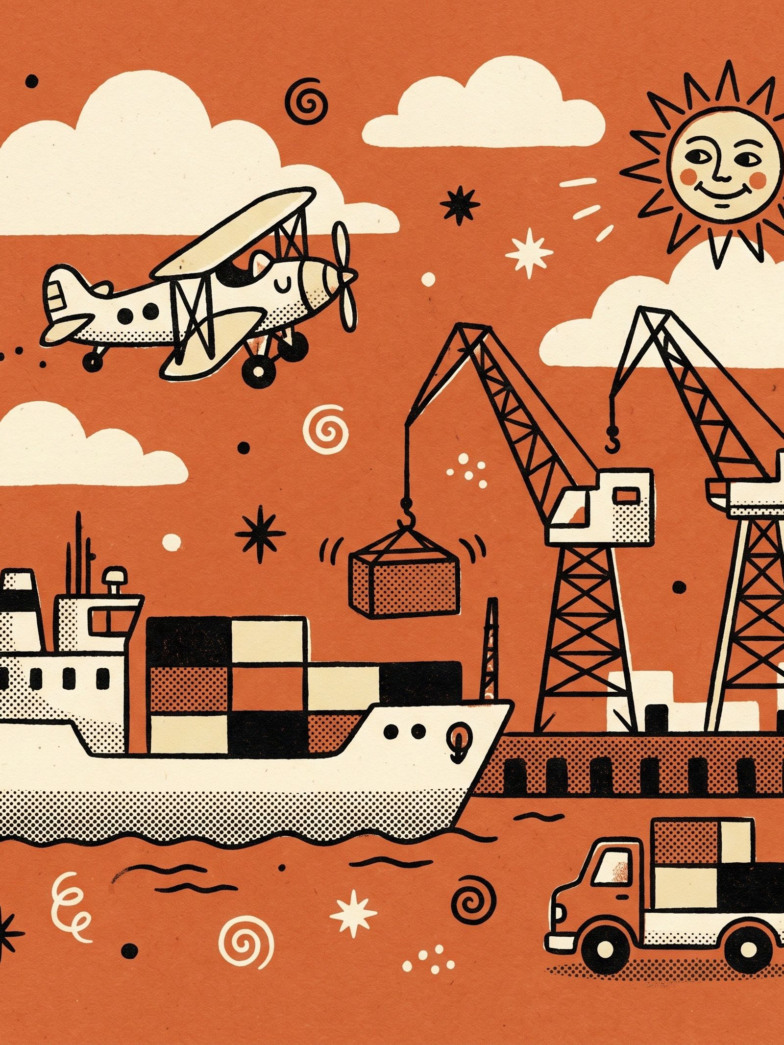 Illustration folk : porte-conteneurs, grue, camion et avion — Incoterms
