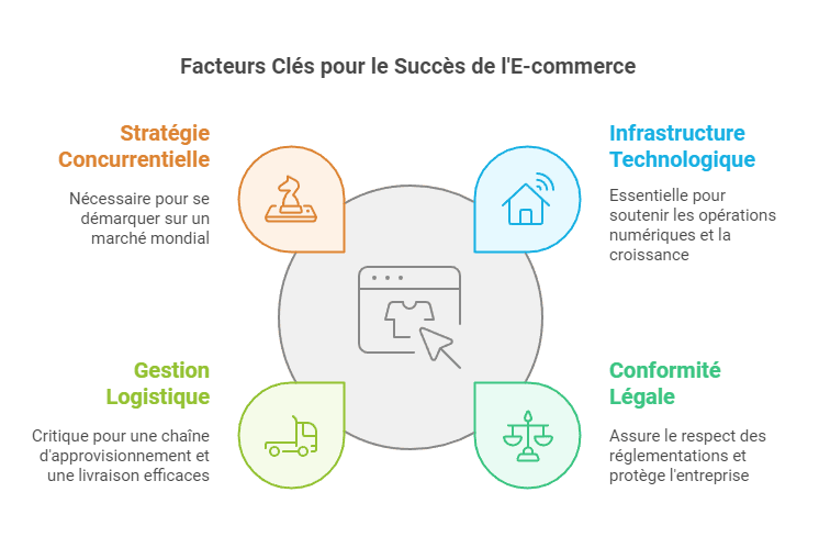 Schéma des quatre facteurs clés du succès d'un e-commerce : stratégie concurrentielle, infrastructure technologique, gestion logistique et conformité légale.