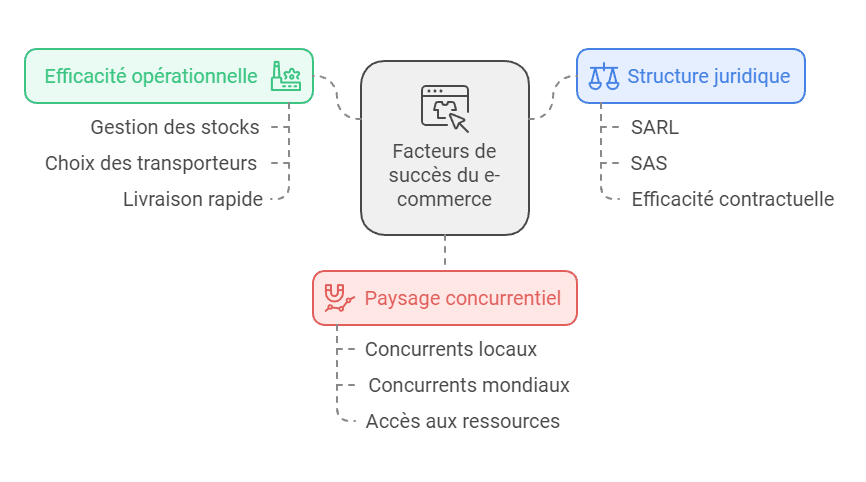 Schéma des facteurs de succès d'un e-commerce en trois branches : efficacité opérationnelle (gestion des stocks, choix des transporteurs, livraison rapide), structure juridique (SARL, SAS, efficacité contractuelle) et paysage concurrentiel (concurrents locaux et mondiaux, accès aux ressources).