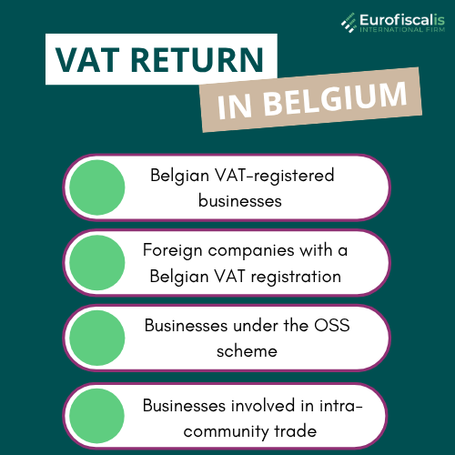 Belgium VAT return Belgian VAT declaration Filing VAT in Belgium Belgium VAT compliance Eurofiscalis Belgium VAT return VAT deadlines Belgium Belgian VAT reporting Periodic VAT return Belgium